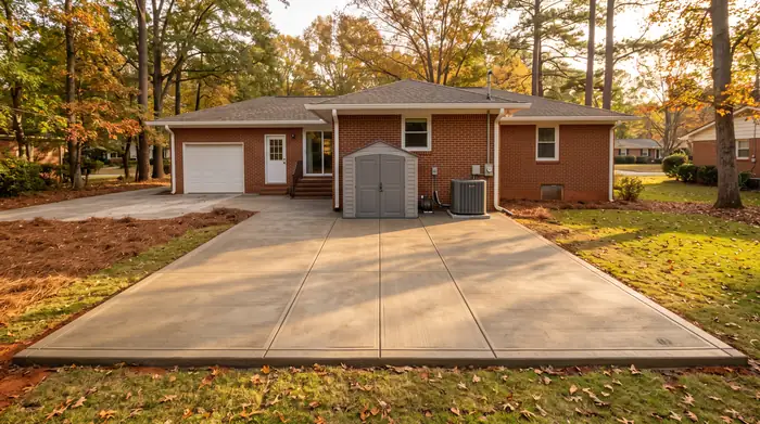 Square-edged concrete slab pad with a storage shed on it at a red-brick ranch home in Lawrenceville, GA, in late afternoon light.