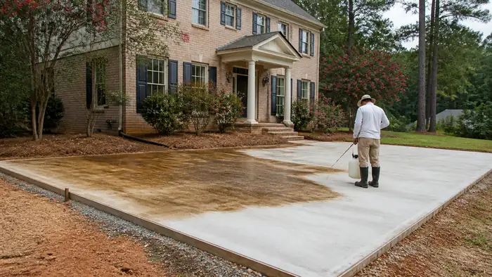 Acid stain being sprayed onto a concrete surface, half-applied at a tan-brick colonial in Lawrenceville, GA, under bright midday cloud.