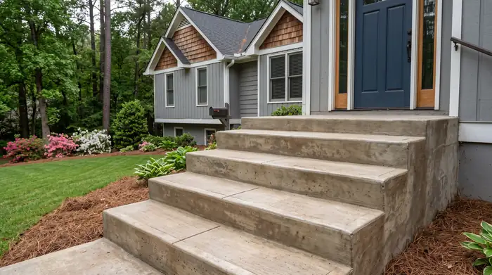 Poured concrete front steps rising to a landing at the front door at a grey split-level home in Lawrenceville, GA, under an overcast sky.