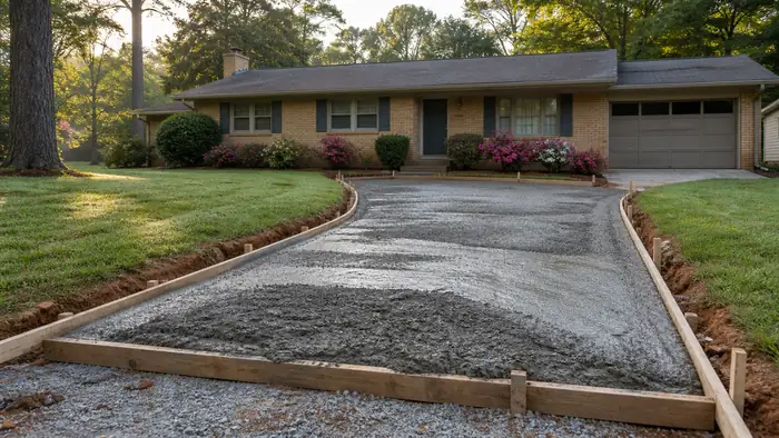 A ready-mix truck discharges concrete into a driveway form. at a buff-brick ranch home in Lawrenceville, GA, in early morning light.