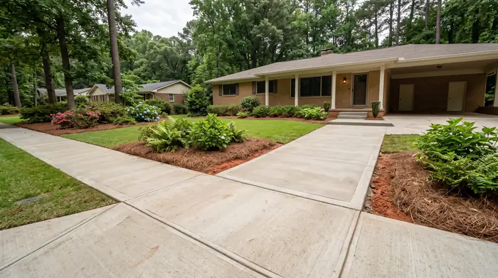 Concrete walkway meeting the driveway apron and front steps at a buff-brick ranch home in Lawrenceville, GA, under bright midday cloud.