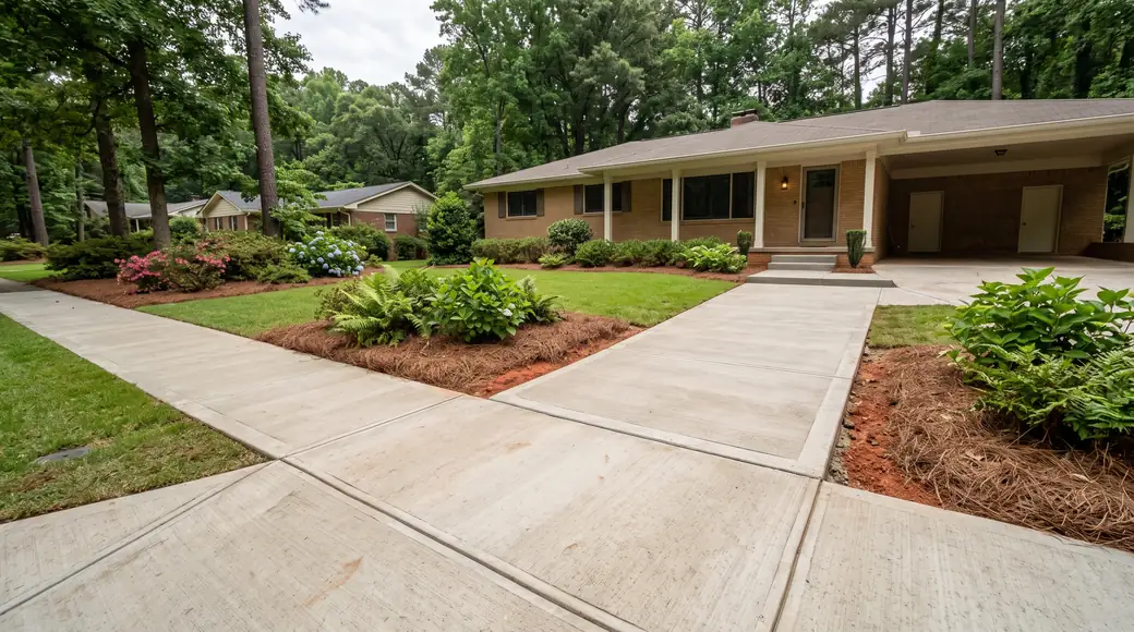 Concrete walkway meeting the driveway apron and front steps at a buff-brick ranch home in Lawrenceville, GA, under bright midday cloud.
