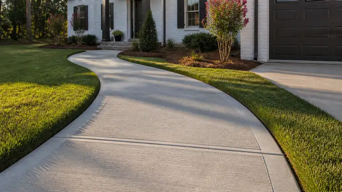 Curving concrete walkway crossing a front yard at a painted-white-brick two-story home in Lawrenceville, GA, in late afternoon light.
