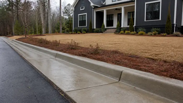 Concrete curb and gutter along a residential street at a charcoal farmhouse-modern home in Lawrenceville, GA, after a rain shower.