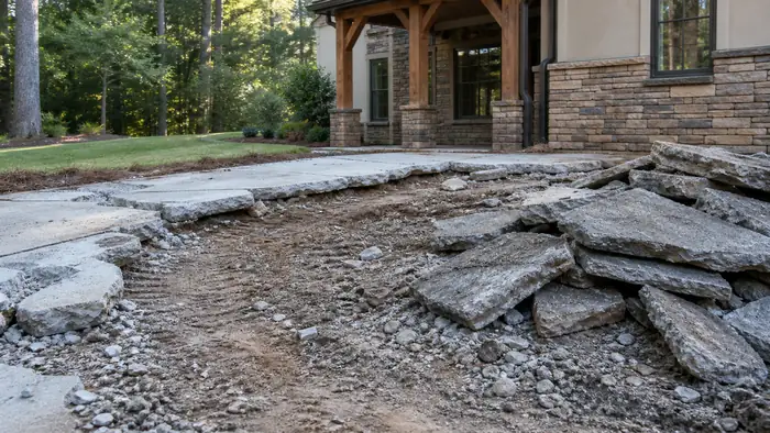 An old patio slab is broken up and hauled away. at a stacked-stone and stucco home in Lawrenceville, GA, under low winter sun.