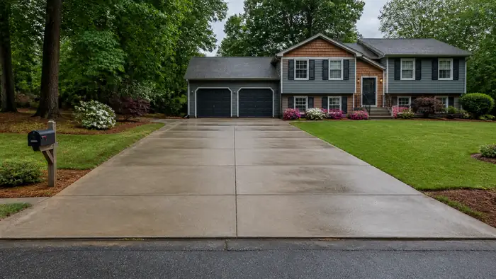 Wide concrete driveway viewed from the street toward the garage at a grey split-level home in Lawrenceville, GA, after a rain shower.