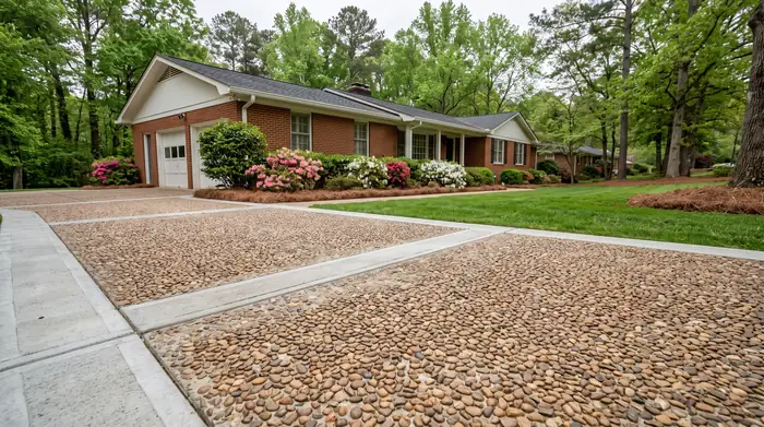Exposed aggregate concrete driveway showing washed river-rock stone at a red-brick ranch home in Lawrenceville, GA, under an overcast sky.