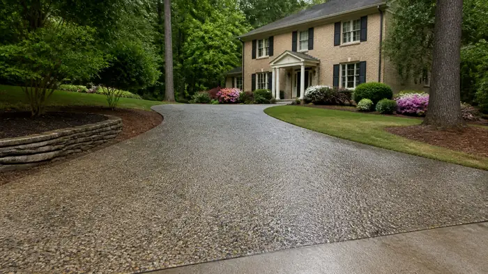 Newly washed exposed aggregate driveway with the stone just revealed at a tan-brick colonial in Lawrenceville, GA, after a rain shower.