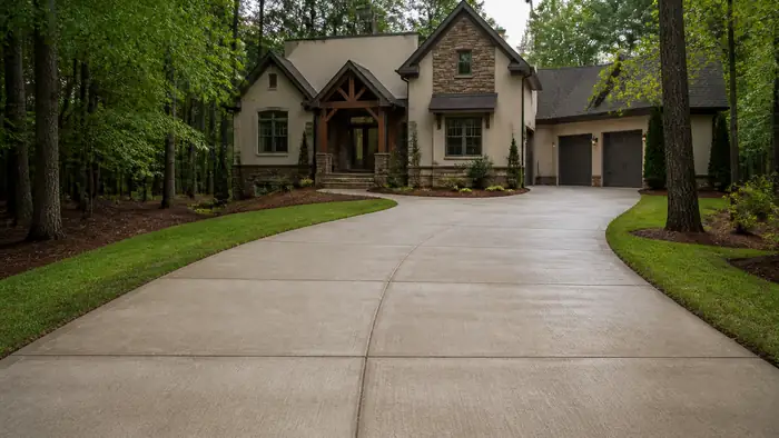 Cured driveway swept clean with the forms stripped away at a stacked-stone and stucco home in Lawrenceville, GA, after a rain shower.