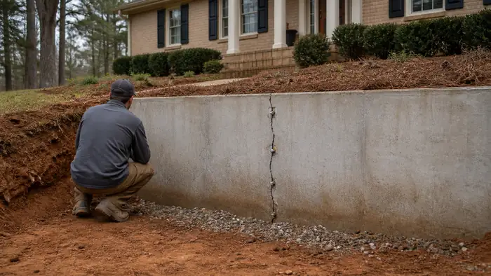 Foundation wall crack being repaired with an injection port at a tan-brick colonial in Lawrenceville, GA, under an overcast sky.