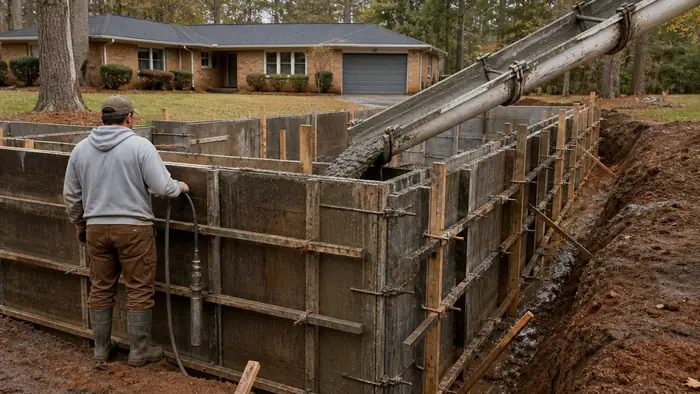 Concrete being poured into foundation wall forms at a buff-brick ranch home in Lawrenceville, GA, after a rain shower.