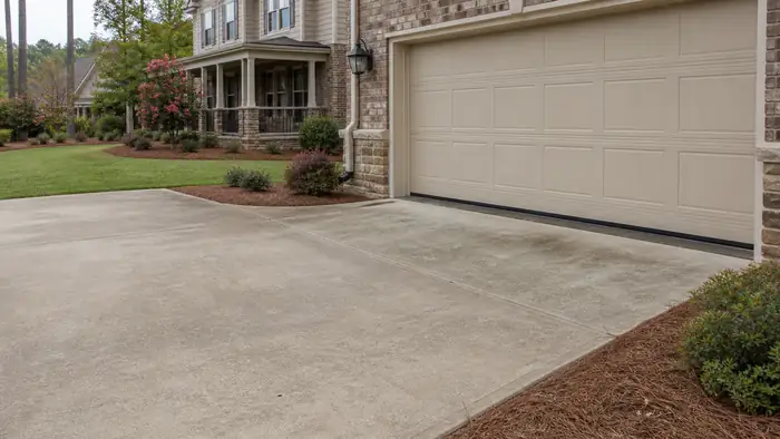 Settled garage approach slab the estimate would price to replace at a brick-and-siding two-story home in Lawrenceville, GA, under an overcast sky.