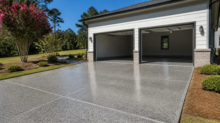 Epoxy-coated garage floor with speckled grey and charcoal flakes in Lawrenceville, GA, in clear late-morning sun.