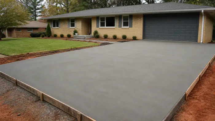 A hand trowel smooths a small patio surface to a hard finish. at a buff-brick ranch home in Lawrenceville, GA, under bright midday cloud.