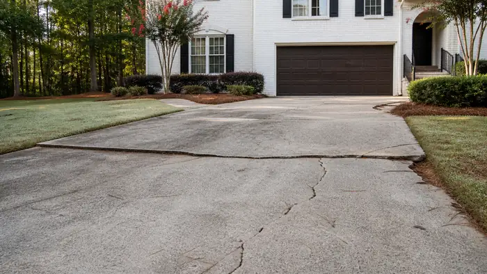 A worker examines an old driveway before replacement. at a painted-white-brick two-story home in Lawrenceville, GA, in early morning light.