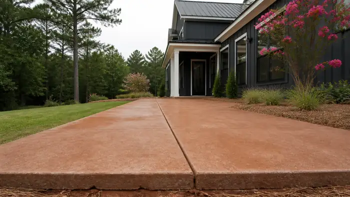 Concrete patio in terracotta integral colour running full depth at a charcoal farmhouse-modern home in Lawrenceville, GA, under an overcast sky.