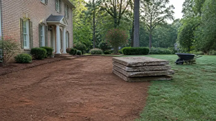 Old patio broken into slabs and stacked ready to be carried out at a tan-brick colonial in Lawrenceville, GA, in early morning light.