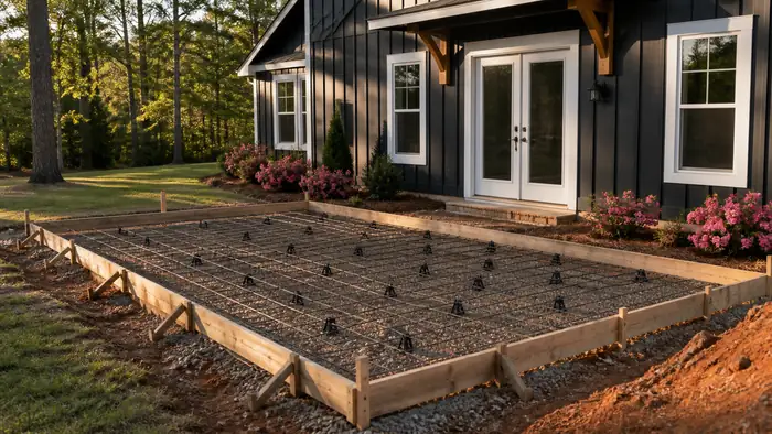 Patio forms squared up with reinforcing mesh on chairs at a charcoal farmhouse-modern home in Lawrenceville, GA, in late afternoon light.