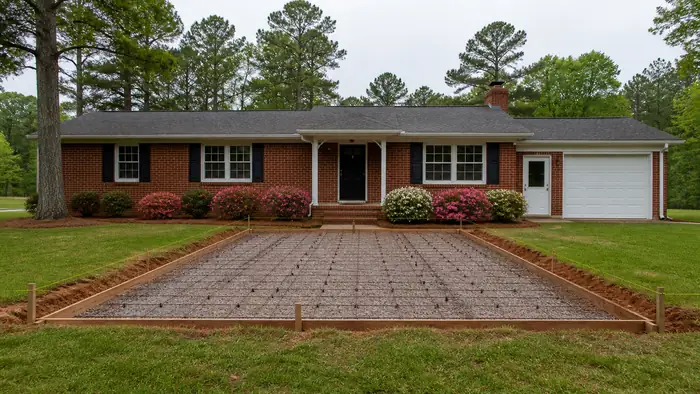 Concrete patio formed and prepped, base and rebar visible before the pour at a red-brick ranch home in Lawrenceville, GA, under an overcast sky.