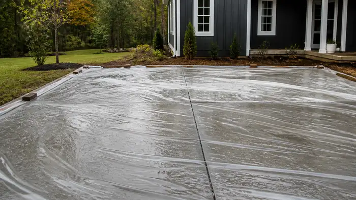 Plastic sheeting covers a curing driveway slab. at a charcoal farmhouse-modern home in Lawrenceville, GA, after a rain shower.