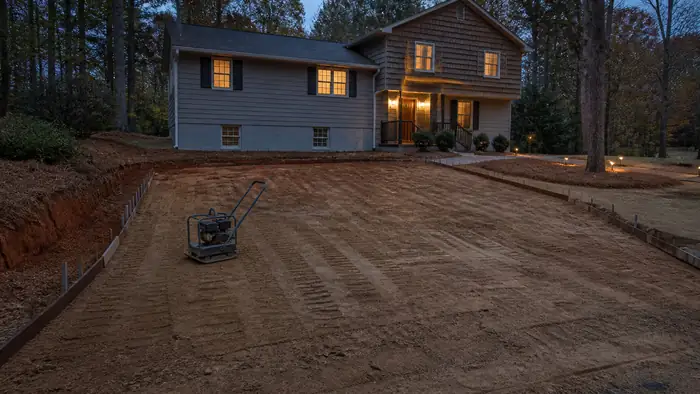 A plate compactor tamps down soil in a small excavated area. at a grey split-level home in Lawrenceville, GA, at blue hour.