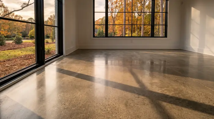 Polished concrete floor with a satin sheen in a finished interior room at a painted-white-brick two-story home in Lawrenceville, GA.