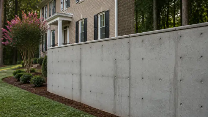 Tall poured concrete basement wall with snap-tie holes visible at a tan-brick colonial in Lawrenceville, GA, in early morning light.