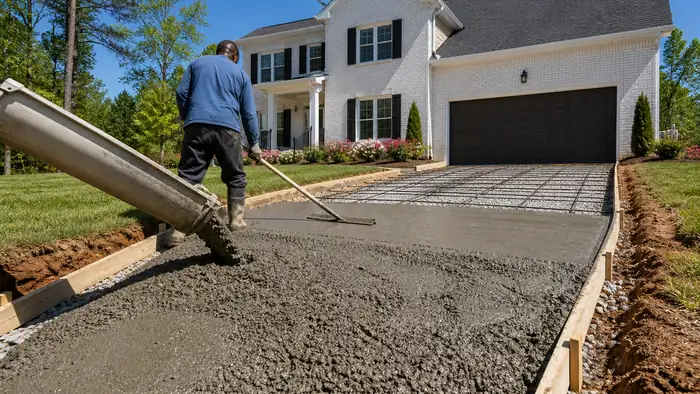 Concrete coming down the chute into formed driveway bays at a painted-white-brick two-story home in Lawrenceville, GA, in clear late-morning sun.