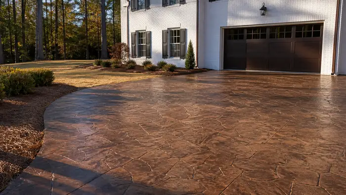A finished stamped surface shows a glossy sealed sheen. at a painted-white-brick two-story home in Lawrenceville, GA, in late afternoon light.