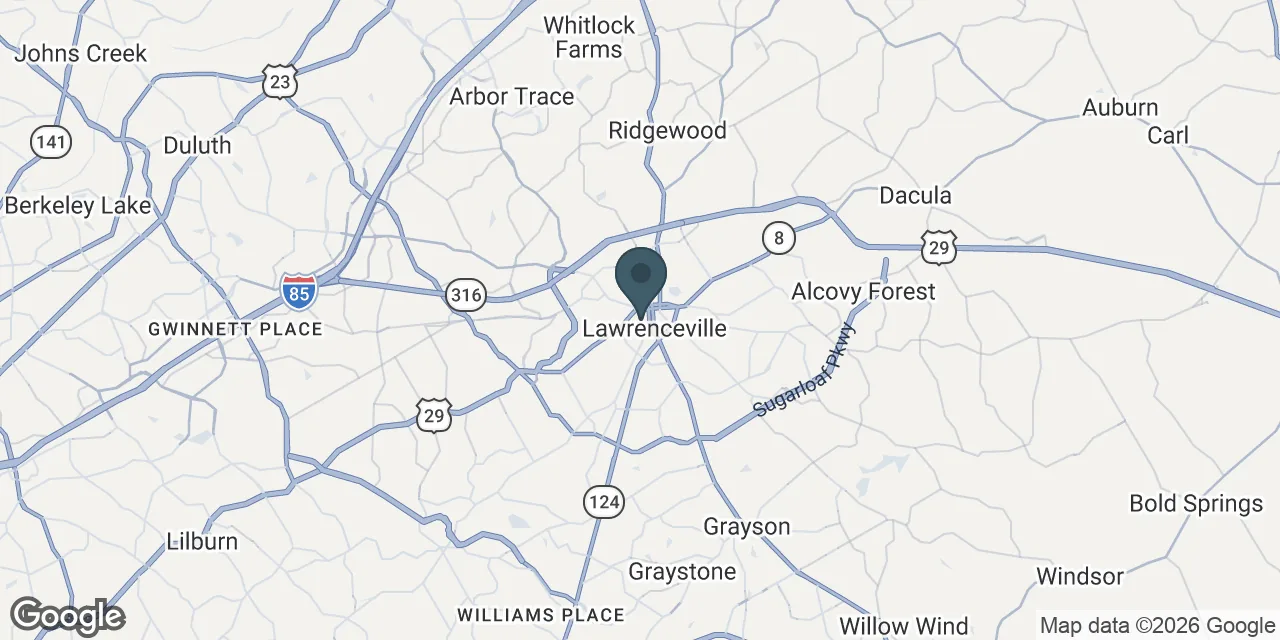 Map of the Lawrenceville, GA service area covered by Lawrenceville Summit Concrete.