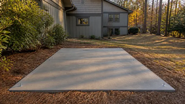Small square concrete pad poured for a storage shed, anchor bolts set at a grey split-level home in Lawrenceville, GA, in late afternoon light.