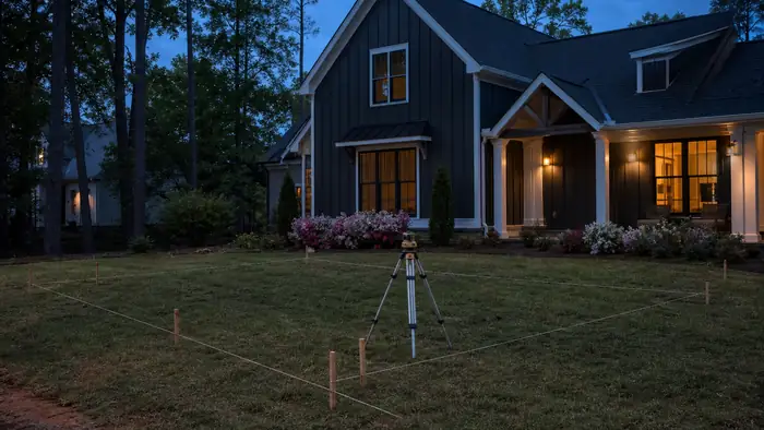 A contractor checks slope and drainage before work begins. at a charcoal farmhouse-modern home in Lawrenceville, GA, at blue hour.