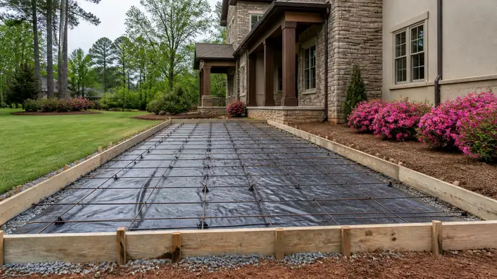 Concrete slab area formed and prepped, wire mesh set before the pour at a stacked-stone and stucco home in Lawrenceville, GA, under bright midday cloud.