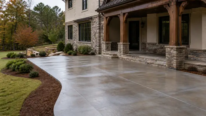 A hand sprayer applies curing compound to a finished patio. at a stacked-stone and stucco home in Lawrenceville, GA, after a rain shower.