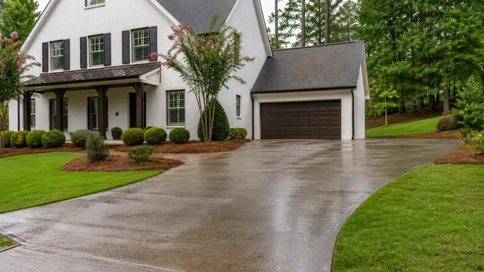A sprayer applies sealer across a driveway. at a painted-white-brick two-story home in Lawrenceville, GA, after a rain shower.