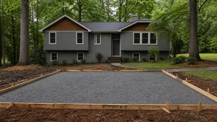 Crushed stone base is raked level inside driveway forms. at a grey split-level home in Lawrenceville, GA, after a rain shower.