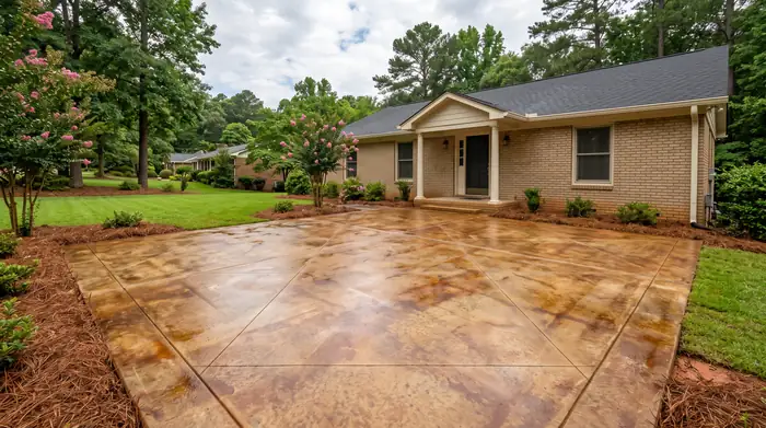 Acid-stained concrete patio in mottled earth tones at a tan-brick colonial in Lawrenceville, GA, after a rain shower.