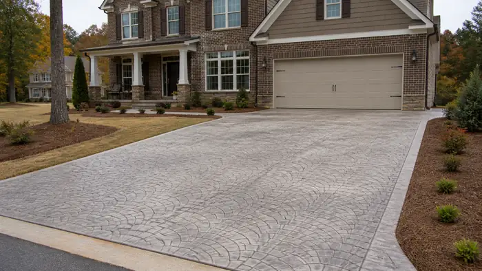 Stamped concrete driveway in a fan-set cobblestone pattern at a brick-and-siding two-story home in Lawrenceville, GA, under bright midday cloud.
