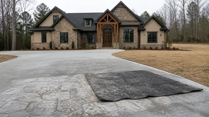 Stamping mats are pressed into a patio surface to imprint a pattern. at a stacked-stone and stucco home in Lawrenceville, GA, under an overcast sky.