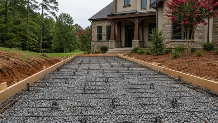 A worker ties rebar into a grid before a residential pour. at a stacked-stone and stucco home in Lawrenceville, GA, under an overcast sky.