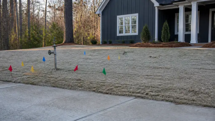 Utility flags mark buried lines before digging starts. at a charcoal farmhouse-modern home in Lawrenceville, GA, in early morning light.