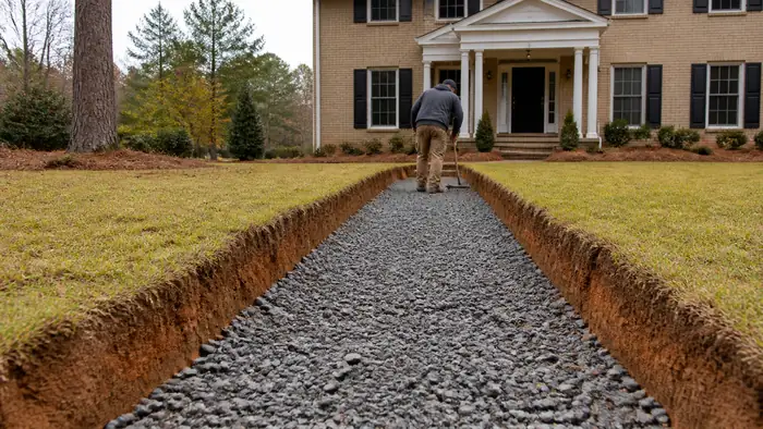 Front walkway removed and the trench squared out for a new pour at a tan-brick colonial in Lawrenceville, GA, under an overcast sky.