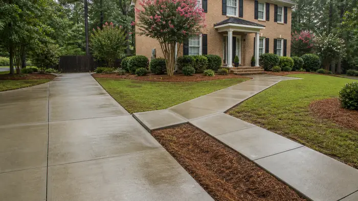 Concrete walkways connecting a driveway, front door and side gate at a tan-brick colonial in Lawrenceville, GA, after a rain shower.