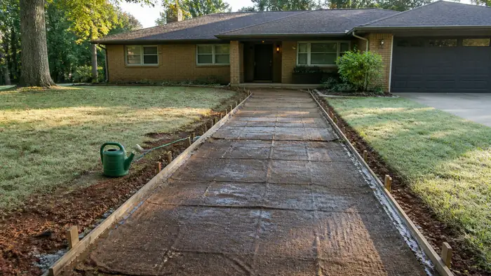 Damp burlap covers a small slab section during curing. at a buff-brick ranch home in Lawrenceville, GA, in early morning light.