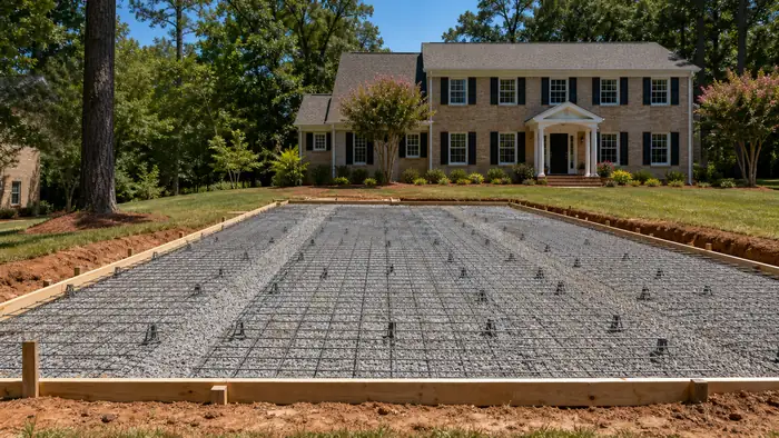 Wire mesh is unrolled across a driveway base before pouring. at a tan-brick colonial in Lawrenceville, GA, in clear late-morning sun.