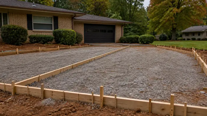 Wooden forms outline a patio slab before the pour. at a buff-brick ranch home in Lawrenceville, GA, under an overcast sky.